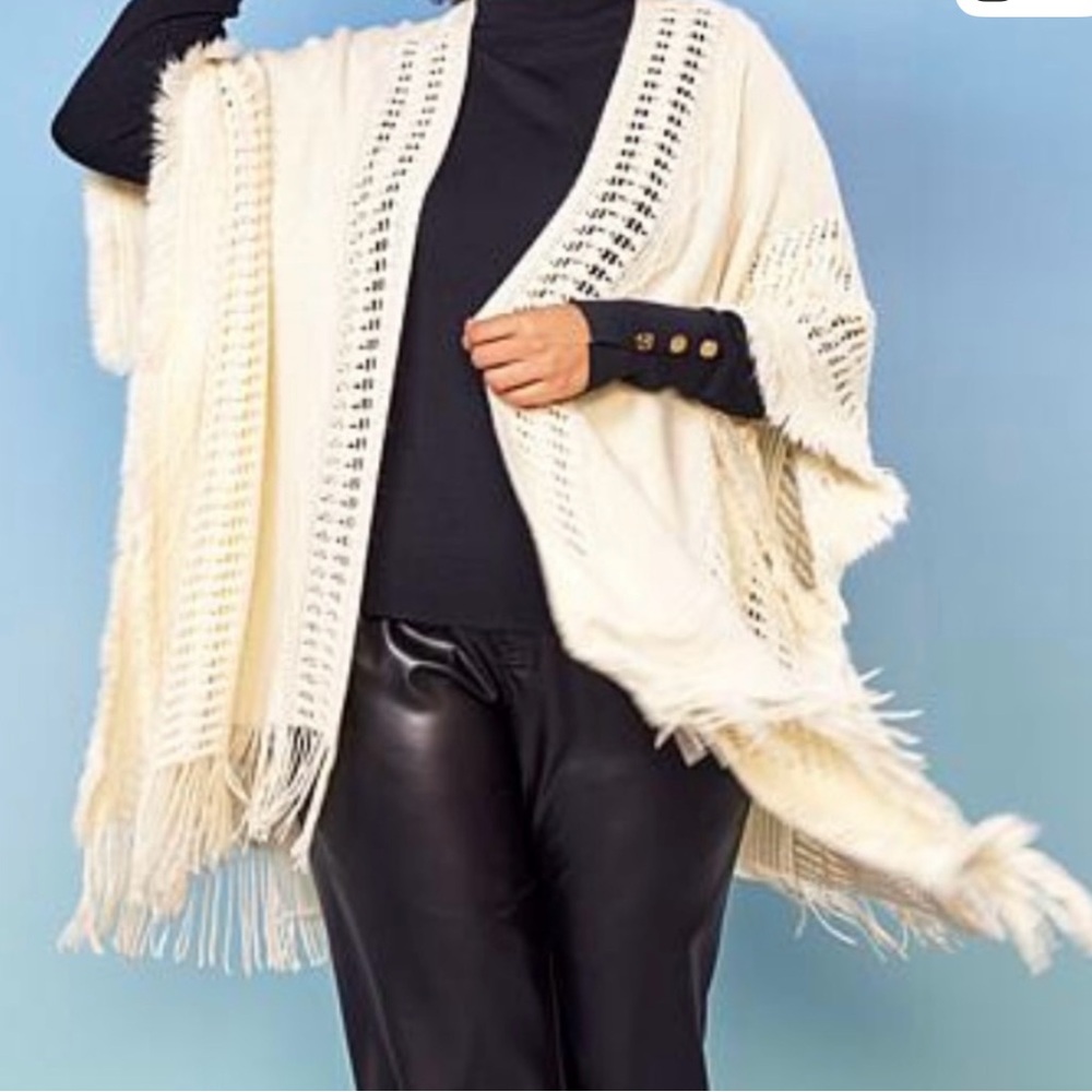 🆕 Anthony Open Crochet Fringe trim cream-colored Cardigan/Topper NWT $30 HSN